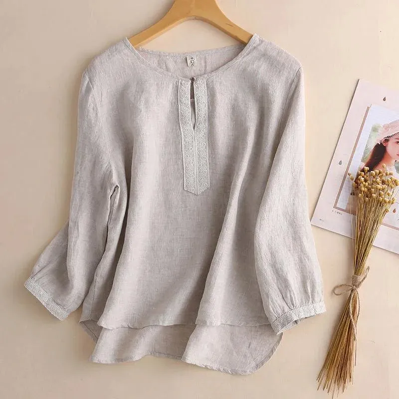 Ramie Cotton Linen Long-Sleeved Shirts Bottoming Shirts Retro Literary Tops