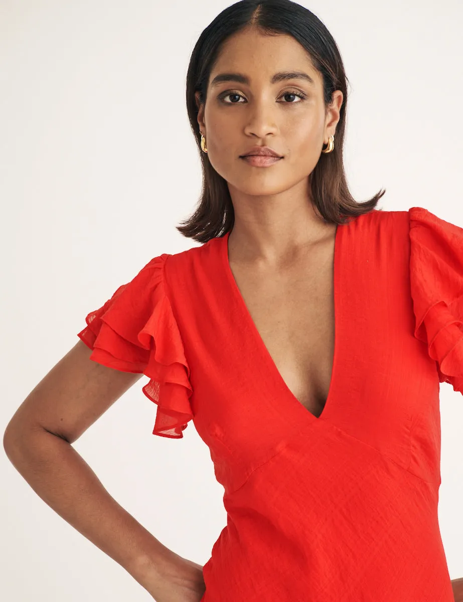 Red Frill Sleeve Layla Midi Dress