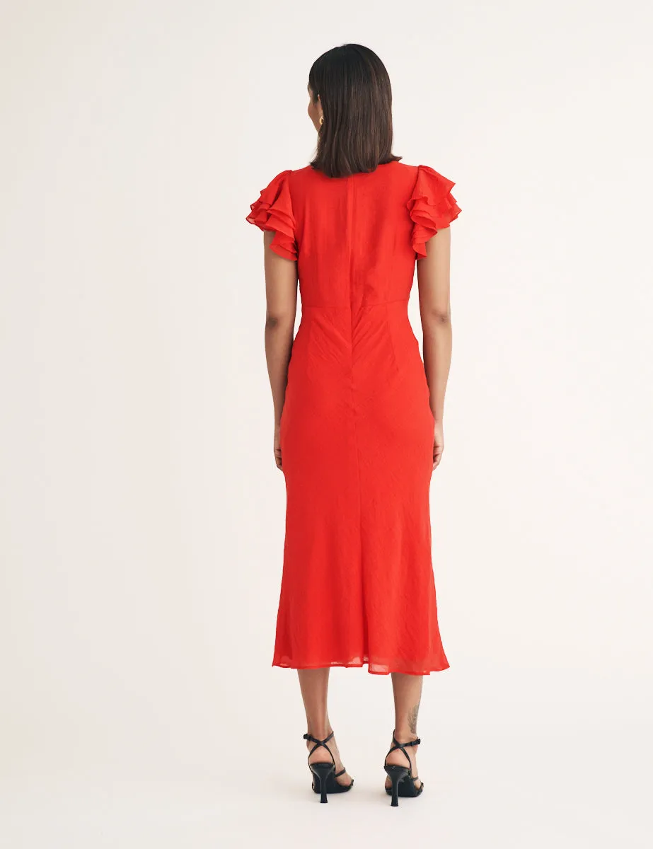 Red Frill Sleeve Layla Midi Dress