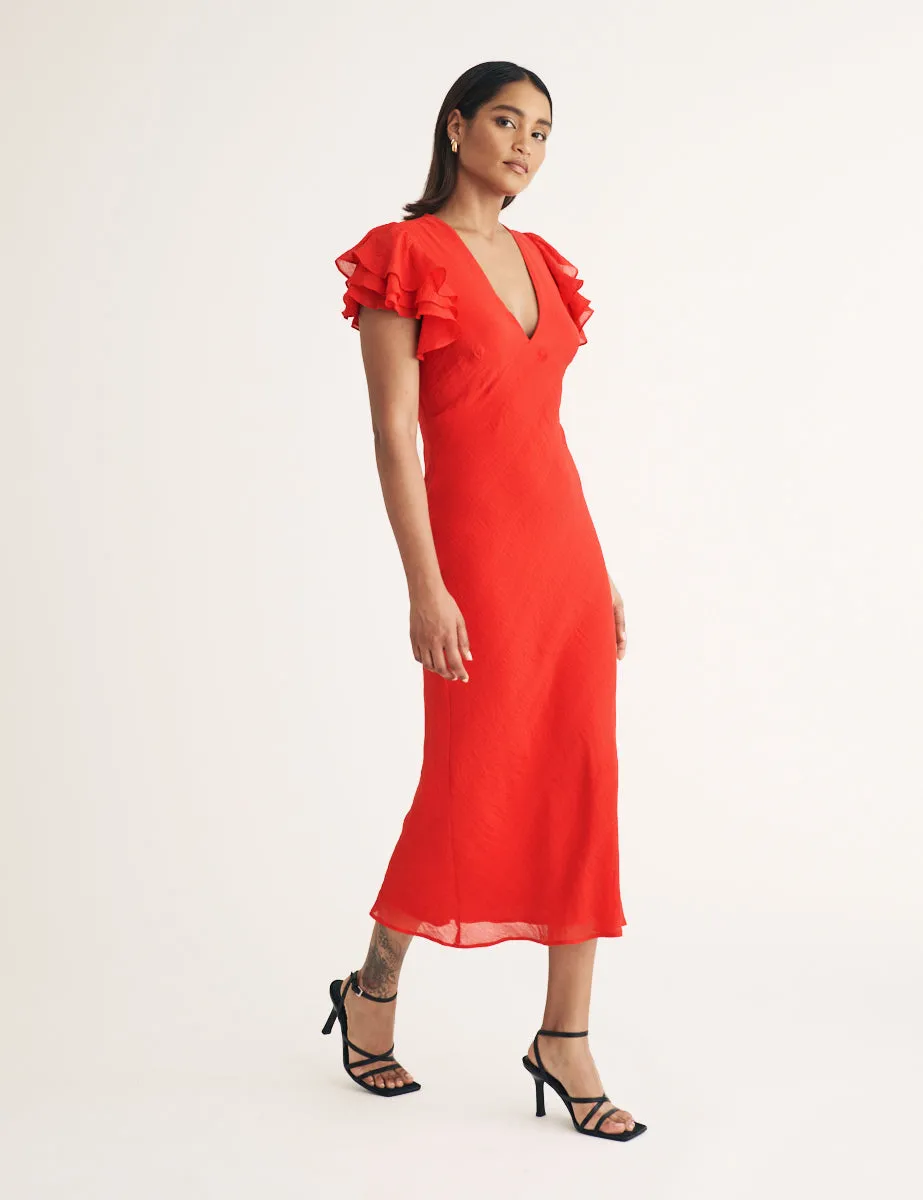 Red Frill Sleeve Layla Midi Dress