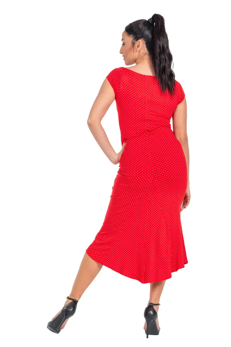 Red Polka Dot Bodycon Dance Dress With Front Ruffles And Gatherings