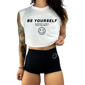 Salty Savage Ladies "BE YOURSELF" Sleeveless Muscle Crop Top | White/Black