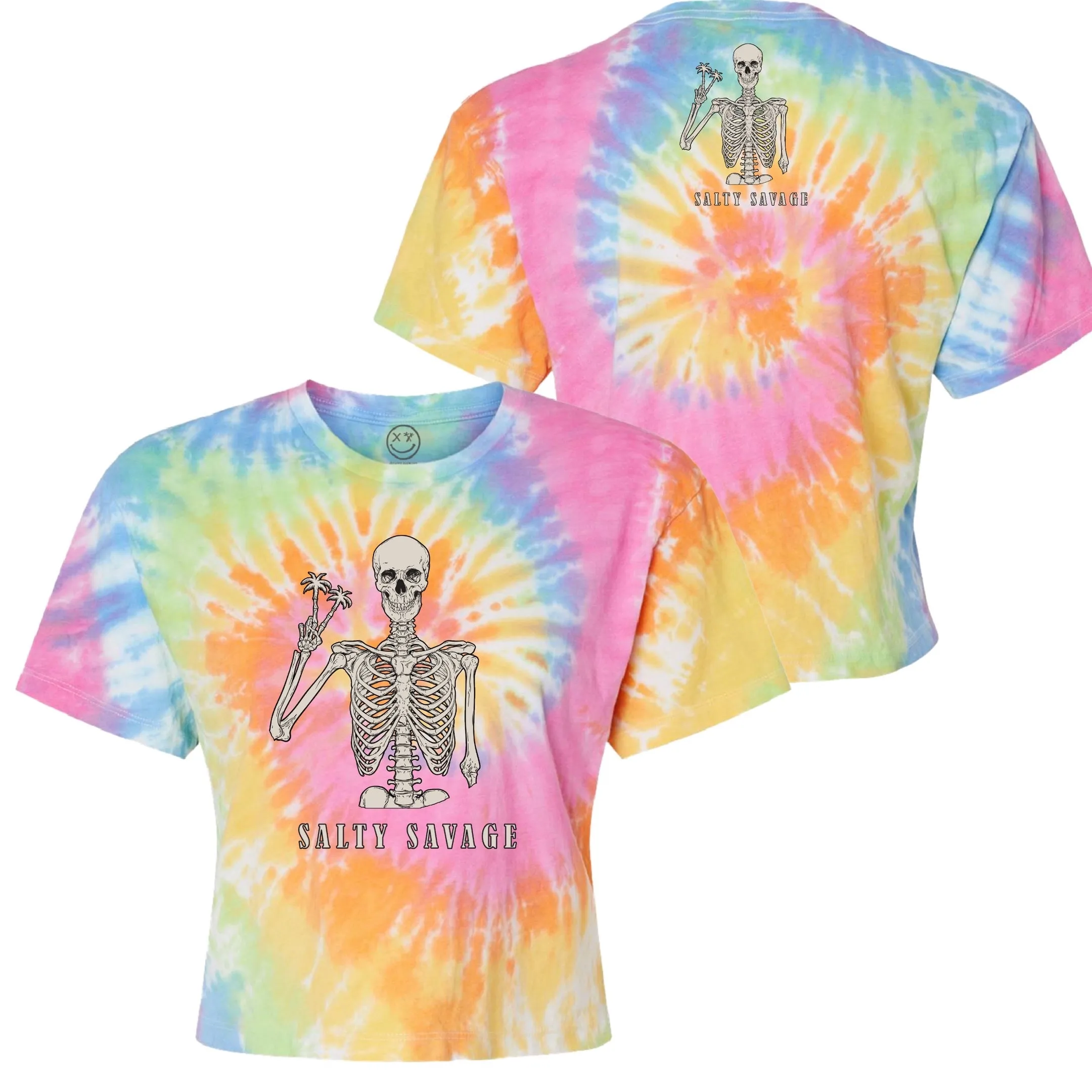 Salty Savage Ladies "Peace Skeleton” Spiral Tie Dye Crop Tee