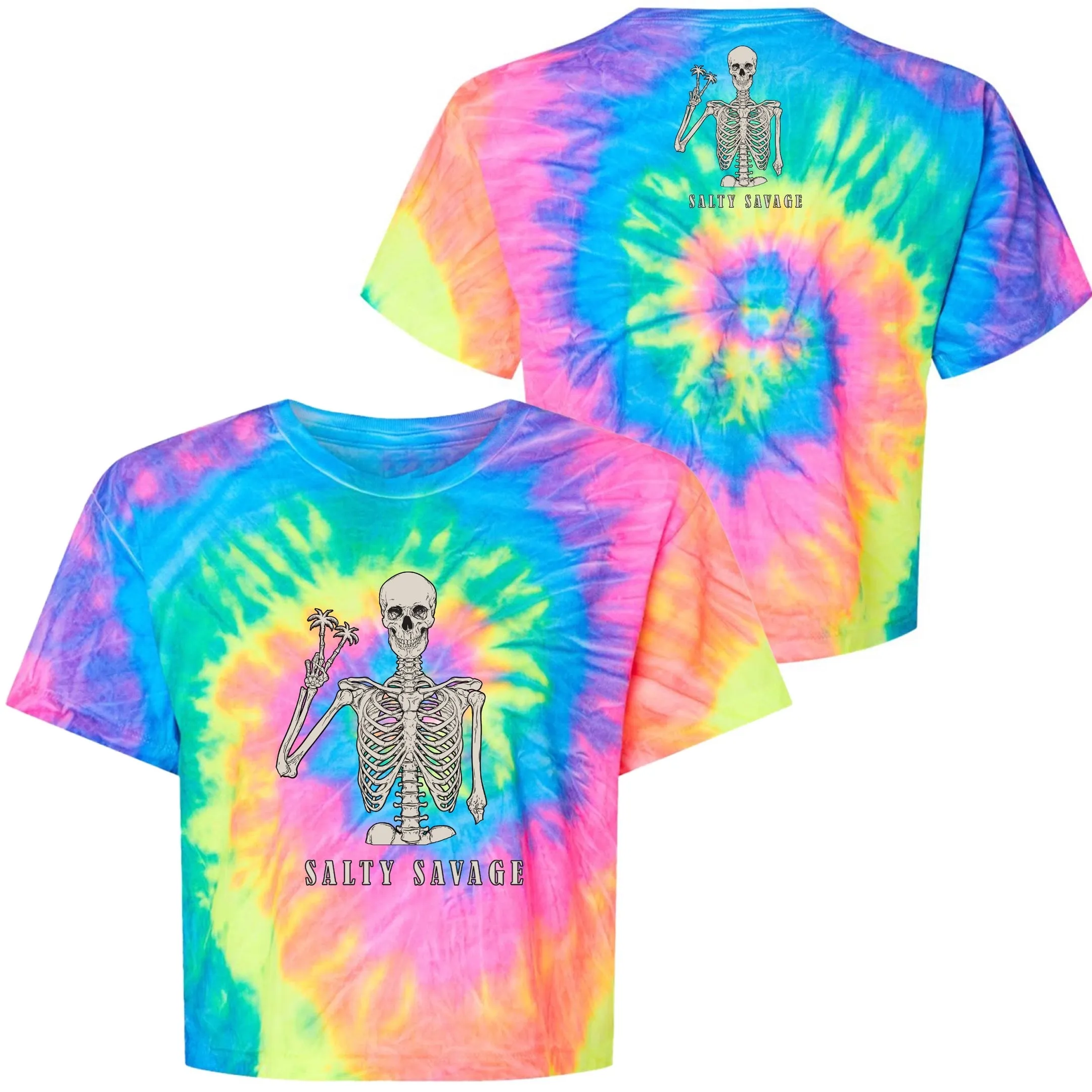 Salty Savage Ladies "Peace Skeleton” Spiral Tie Dye Crop Tee