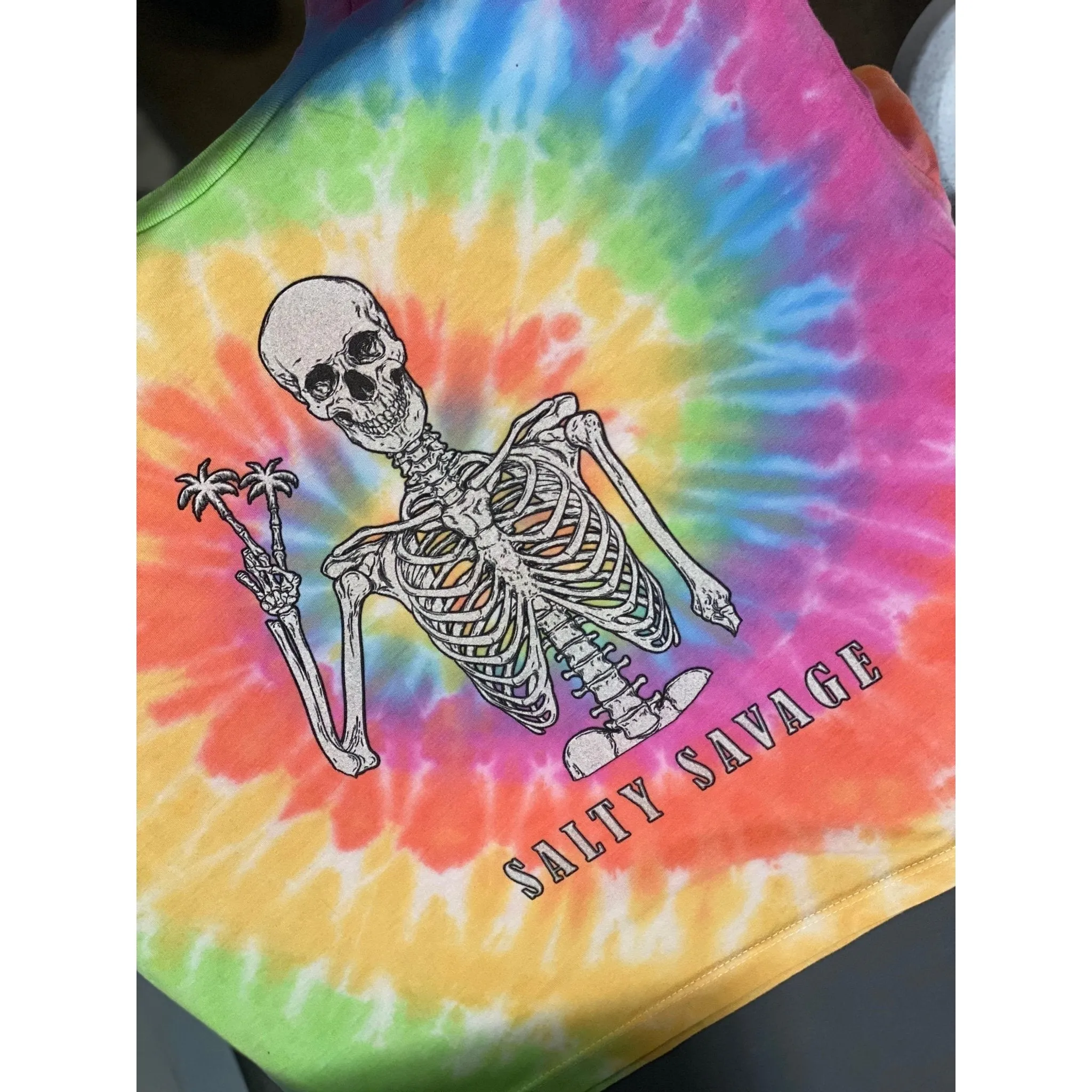 Salty Savage Ladies "Peace Skeleton” Spiral Tie Dye Crop Tee