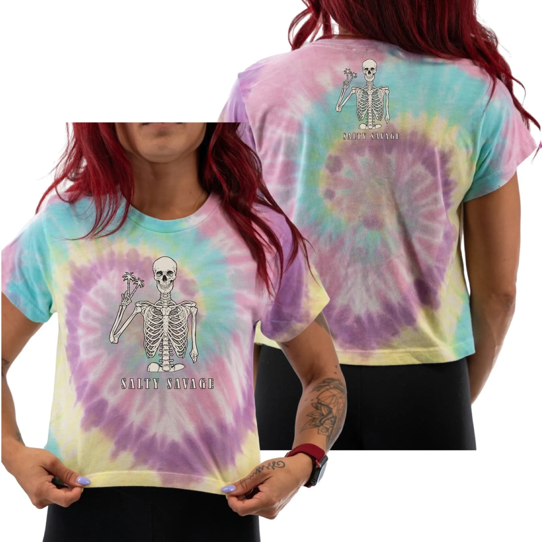 Salty Savage Ladies "Peace Skeleton” Spiral Tie Dye Crop Tee