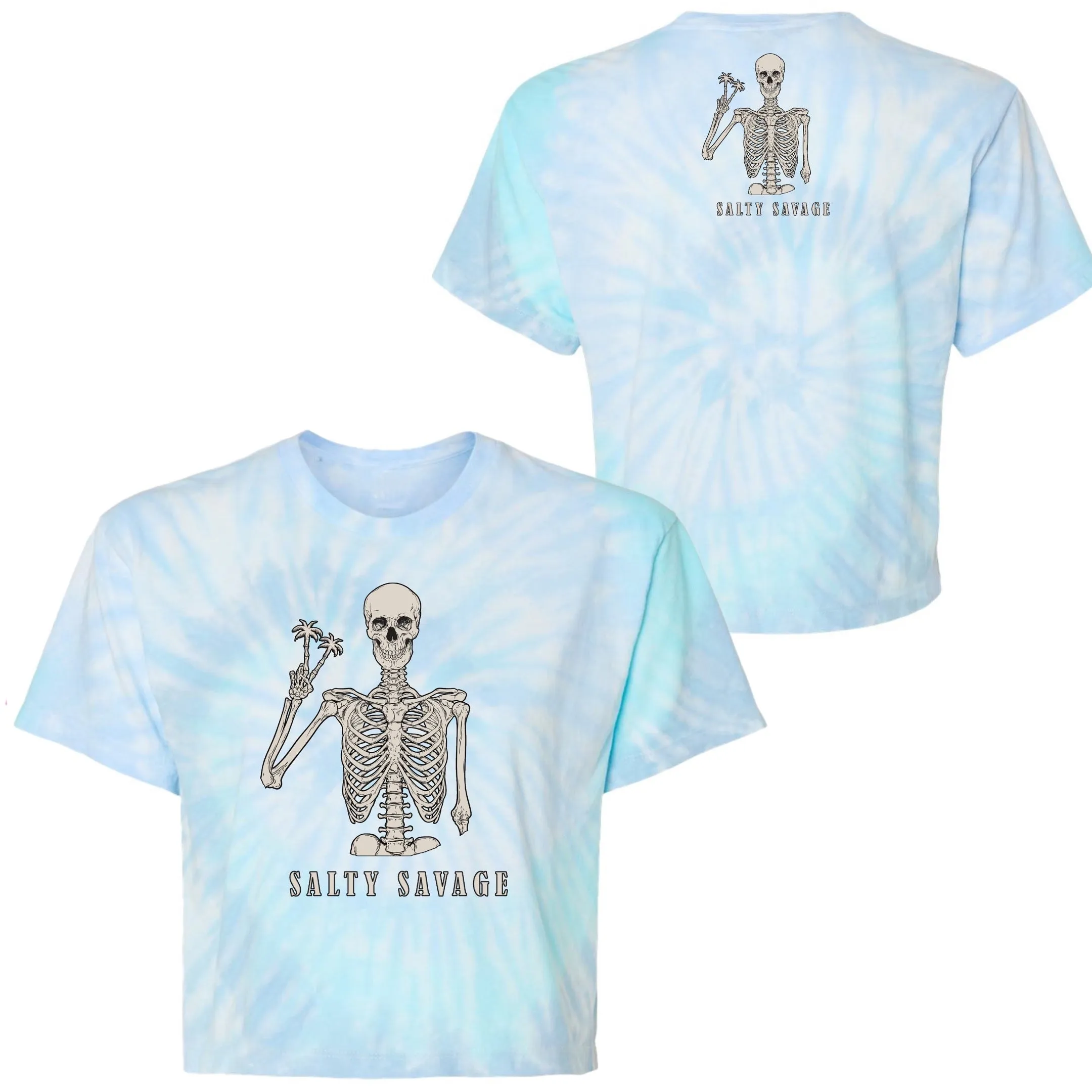 Salty Savage Ladies "Peace Skeleton” Spiral Tie Dye Crop Tee