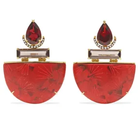 Silvia Furmanovich - Drop Earrings with Red Ginko Marquetry, Garnet, Smoky Quartz and Diamonds, 18k Yellow Gold