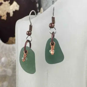 Soft Olive Green Sea Glass Earrings with Copper-Lined Dangles | #3070