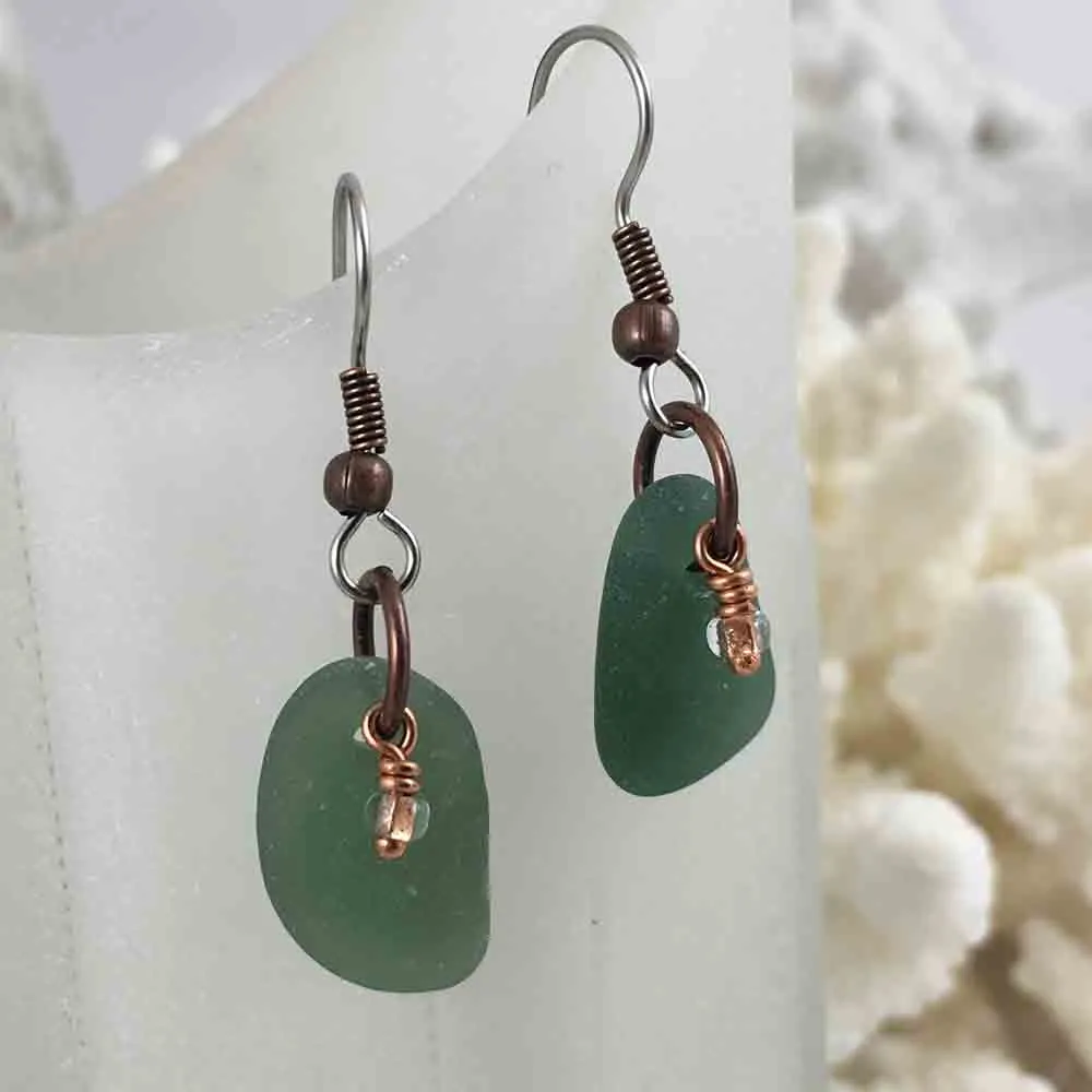 Soft Olive Green Sea Glass Earrings with Copper-Lined Dangles | #3070