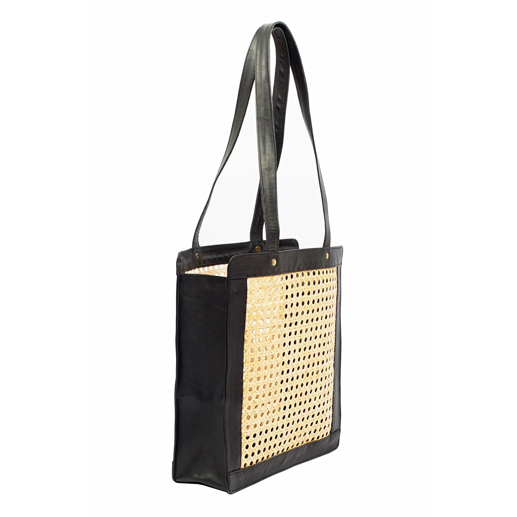 Tall Rattan & Leather Tote Bag