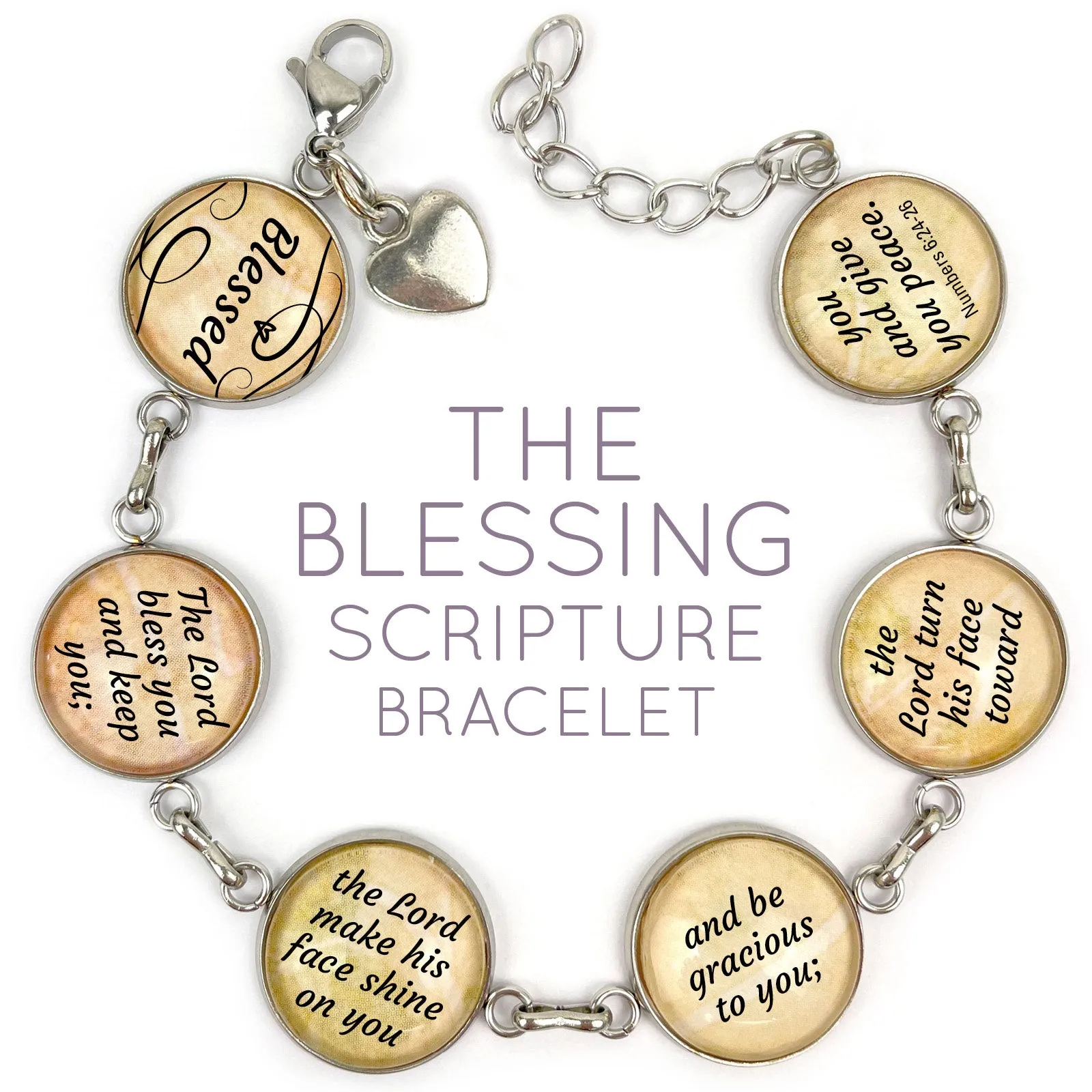 The Blessing Scripture Bracelet – Numbers 6 Glass Charm Stainless Steel Bible Verse Bracelet, 7.5-8.75