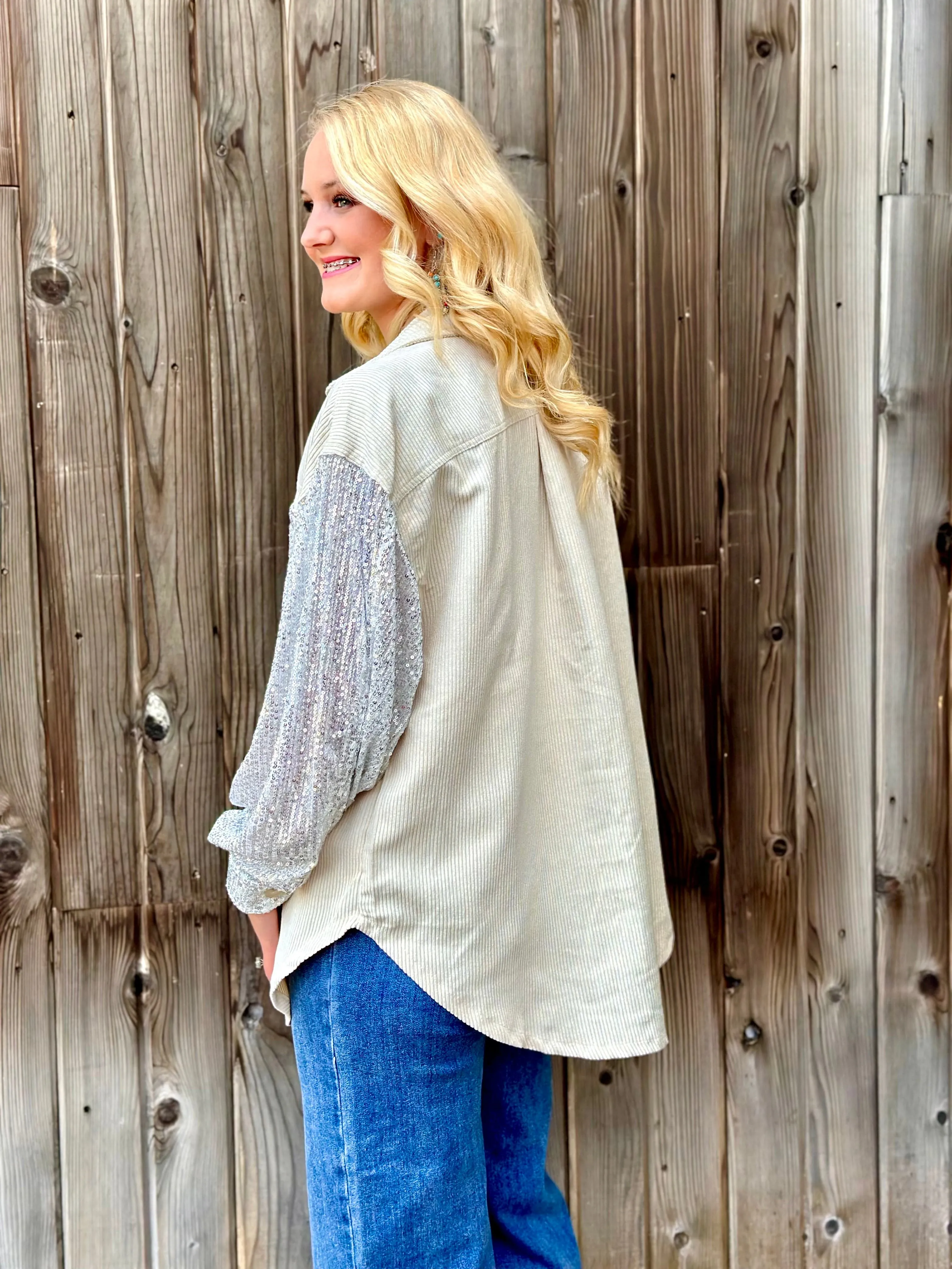 The City Days Cord with Sequin Sleeve Shacket