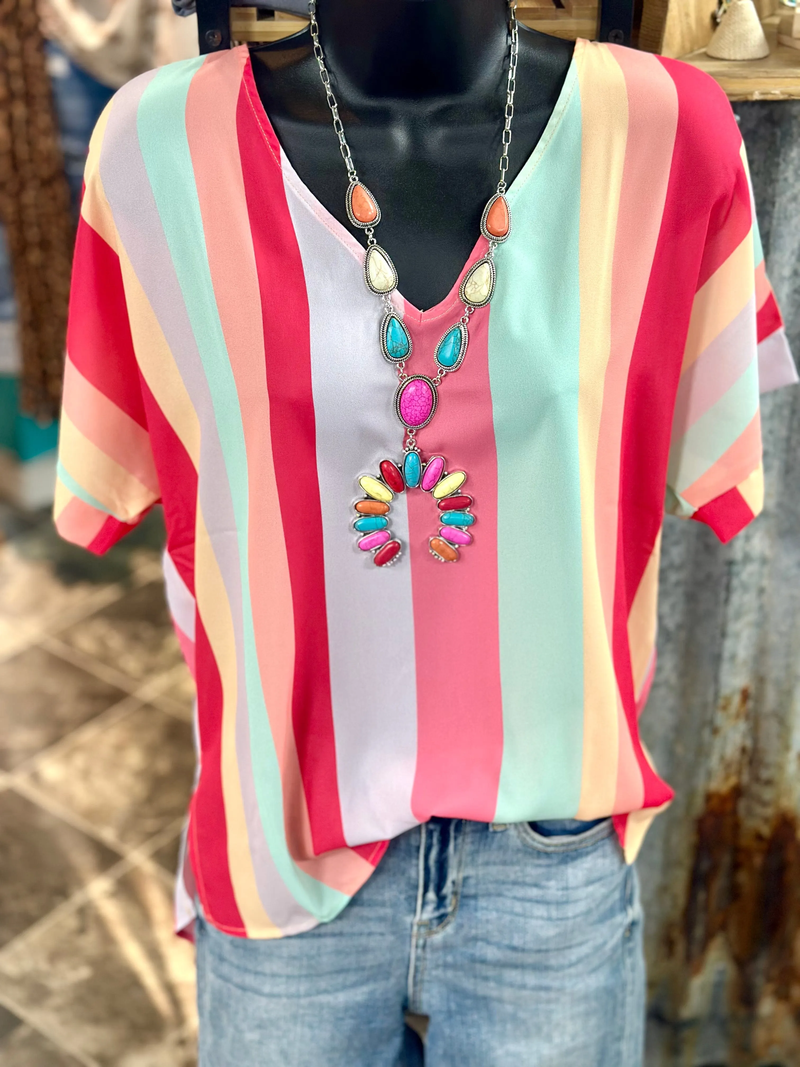 The Summer In The  Southwest Striped V Neck Top