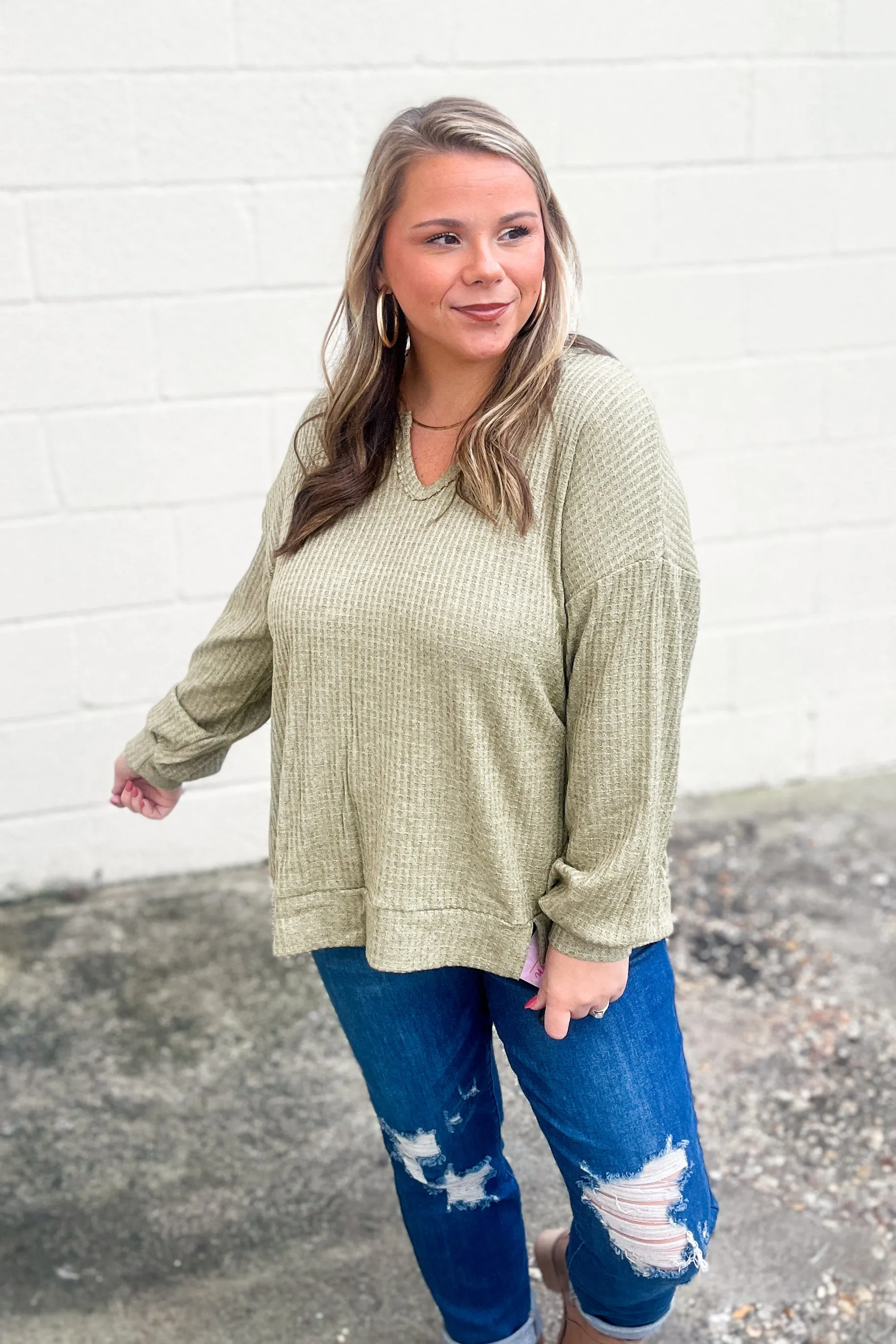 Try That Waffle Knit Top, Olive