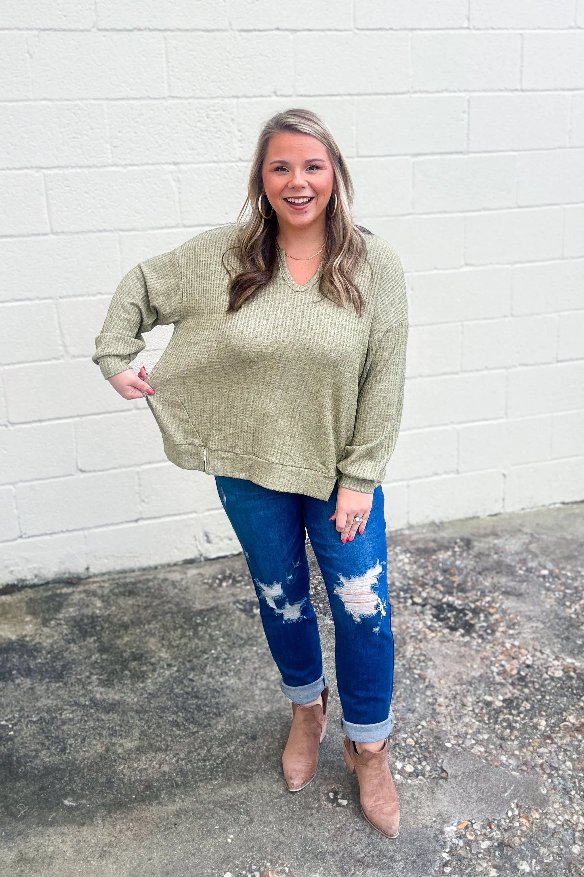 Try That Waffle Knit Top, Olive