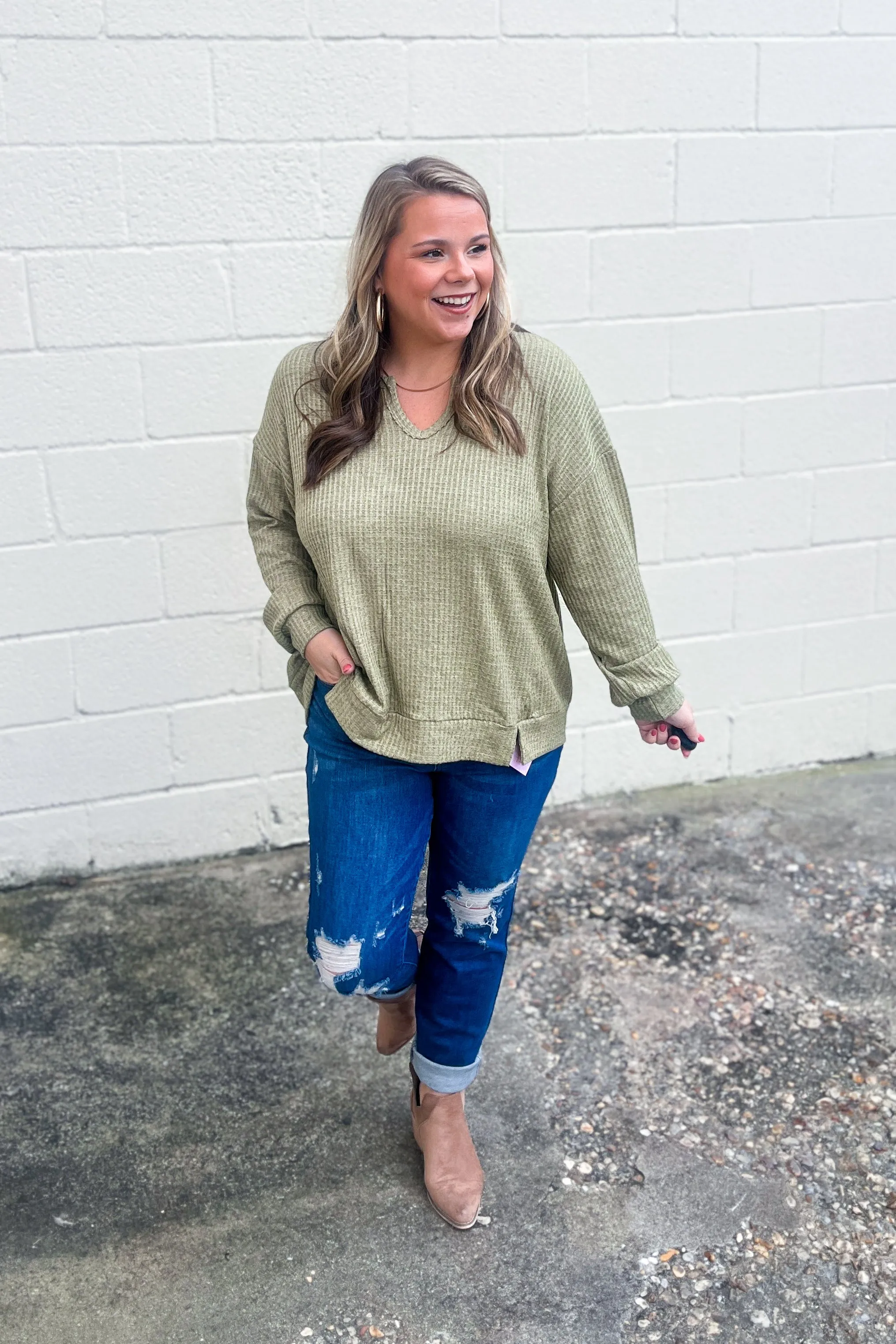 Try That Waffle Knit Top, Olive