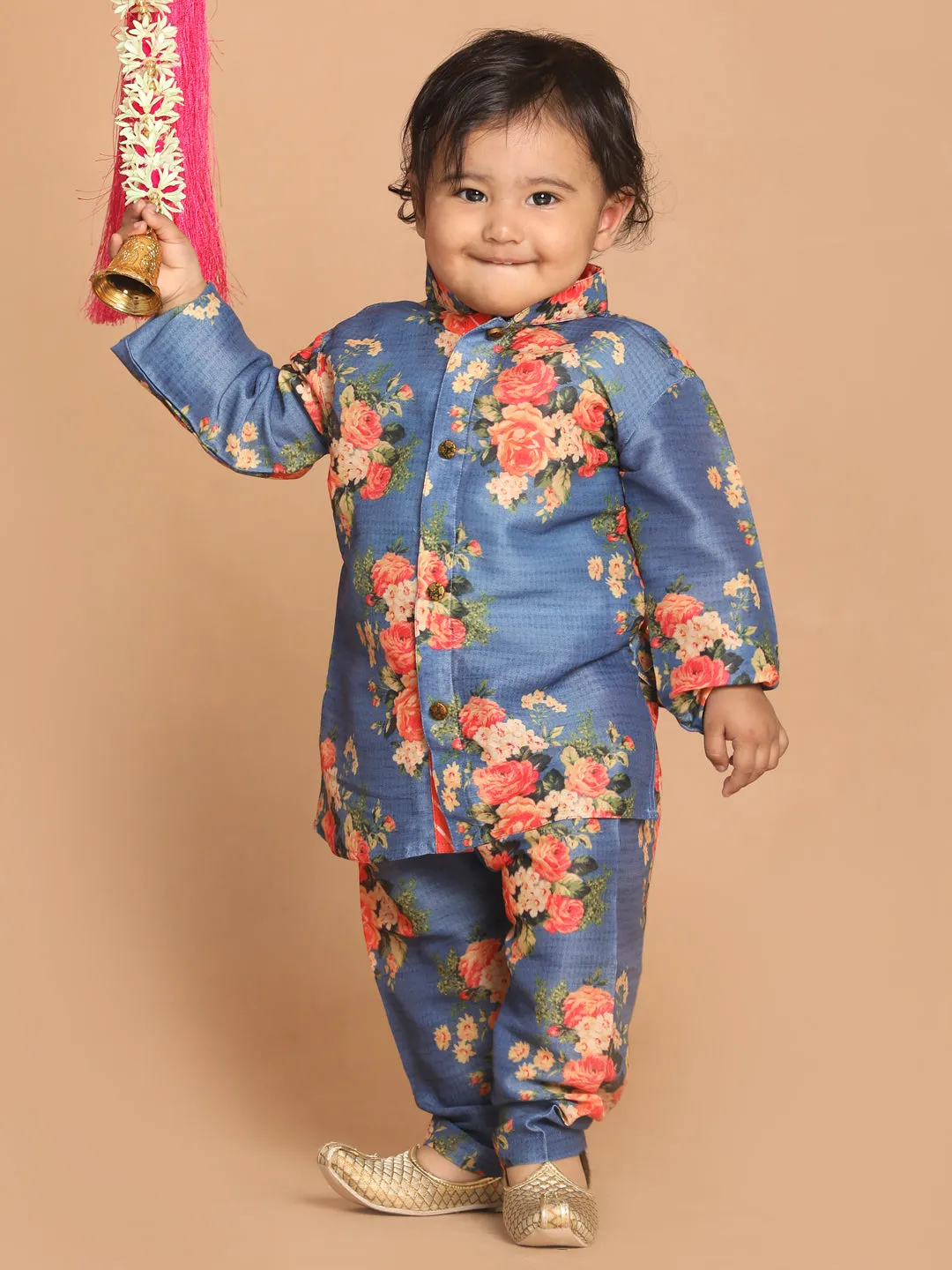 VASTRAMAY Boy's Blue Floral Printed Kurta With Pyjama Set