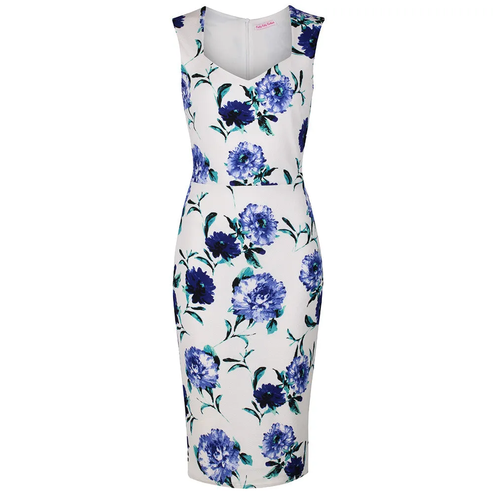 Vintage White and Blue Floral Print Bodycon Pencil Dress